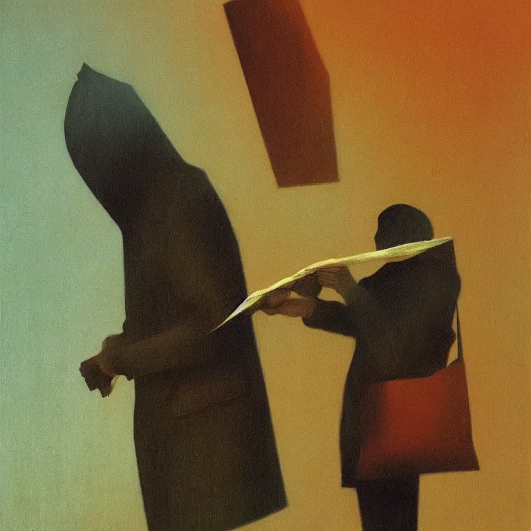 Prompt: man with a paper bag over the head and a sward Edward Hopper and James Gilleard, Zdzislaw Beksinski highly detailed