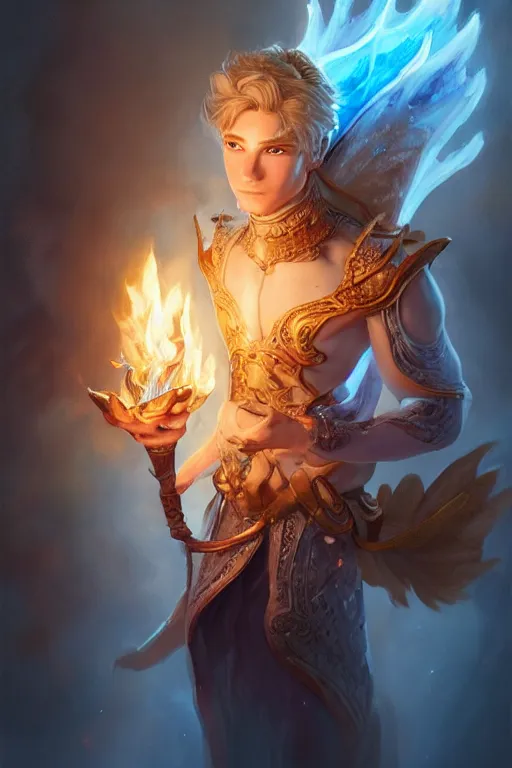 Image similar to legendary fairy prince hold flame staff, blue energy, highly detailed, d & d, fantasy, highly detailed, digital painting, trending on artstation, concept art, sharp focus, illustration, global illumination, ray tracing, realistic shaded, art by artgerm and greg rutkowski and fuji choko and viktoria gavrilenko and hoang lap