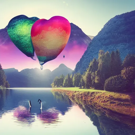 Image similar to photo of two black swans swimming in a beautiful reflective mountain lake, touching heads, forming a heart with their necks, a colorful hot air balloon is flying above the swans, hot air balloon, intricate, portrait, 8k highly professionally detailed, HDR, CGsociety, octane render, 4k