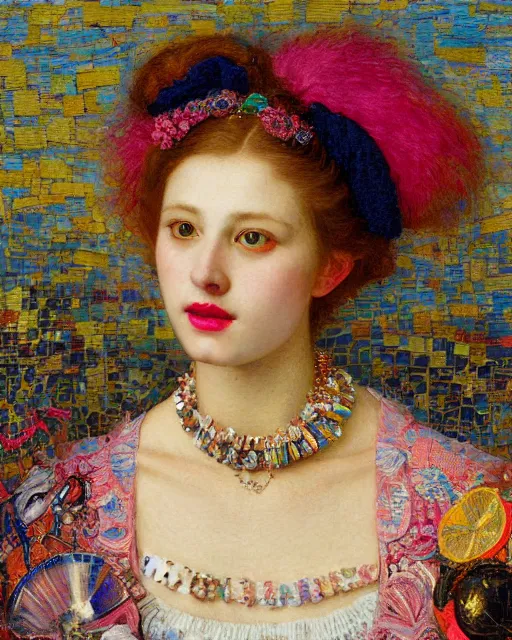 Image similar to a close up of beautiful cheerleader girl with pink lipstick wearing a multicoloured necklace surrounded by colourful intricate patterns, by edgar maxence and caravaggio and michael whelan, intricate painting, hyper realistic, extremely detailed and beautiful aesthetic face, 8 k resolution