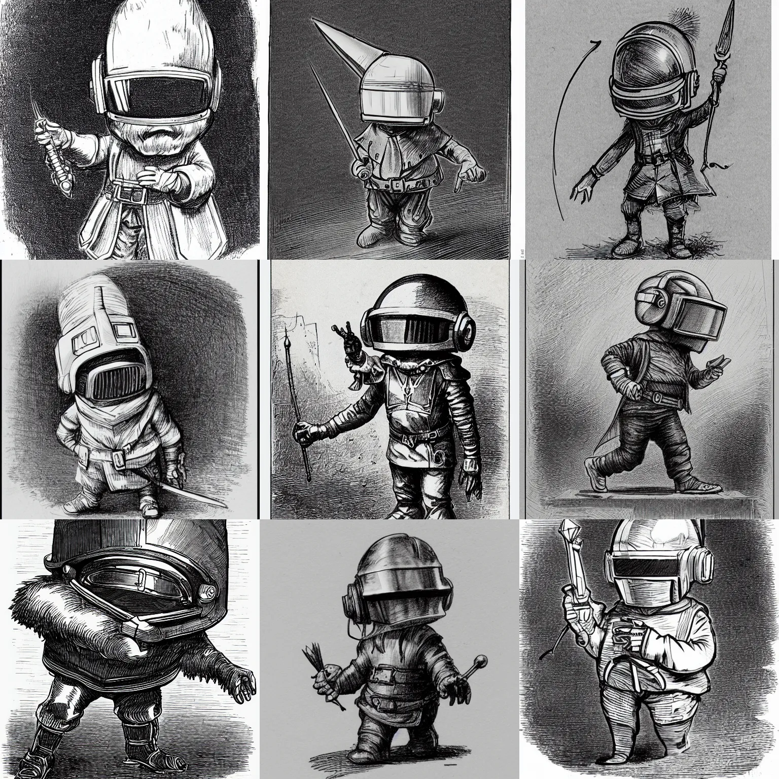 Prompt: sketch of a cute chibi dnd gnome inventor tinkerer wearing a daft punk helmet, walking cautiously, etching by louis le breton, 1 8 6 9, 1 2 0 0 dpi scan