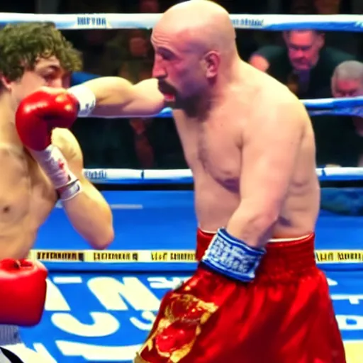 Prompt: A still of a triumphant Sam Hyde boxing losing Joe Rogan, cinematic