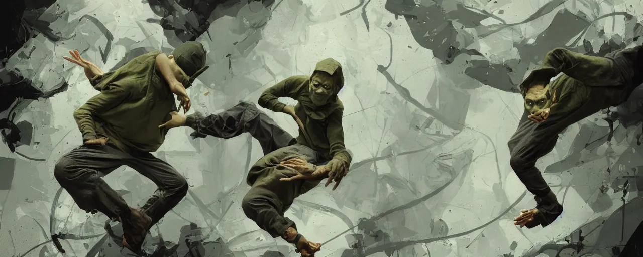 Image similar to duotone olive green grey illustration 3 / 4 portrait of gollum breakdancing wildly. dynamic chaotic composition accidental renaissance golden ratio. by sachin teng and sergey kolesov and ruan jia and heng z. graffiti art, scifi, fantasy, hyper detailed. octane render. concept art. trending on artstation