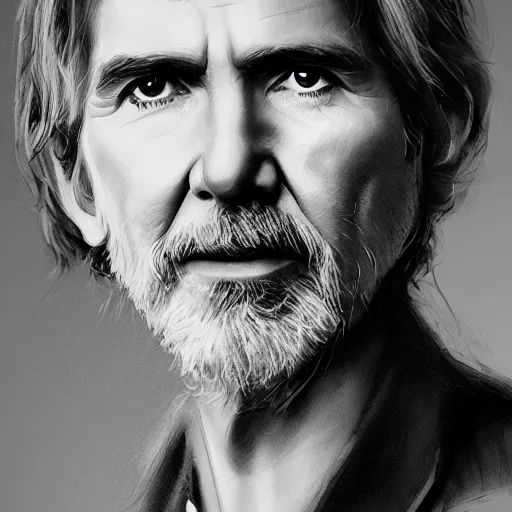 Image similar to hyperrealistic mixed media image of George Harrison Harrison Ford, stunning 3d render inspired art by István Sándorfi and Greg Rutkowski, perfect facial symmetry, realistic, highly detailed attributes and atmosphere, dim volumetric cinematic lighting, 8k octane extremely hyper-detailed render, post-processing, masterpiece,