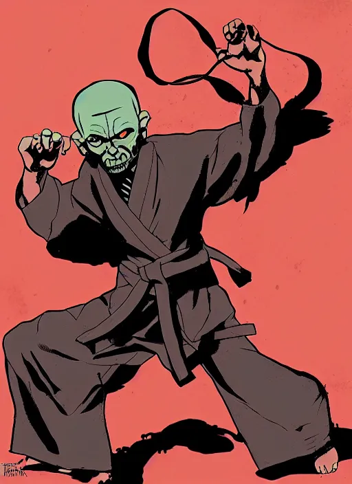 Prompt: Old Possessed priest standing in a martial arts fighting position, in the Style of Tomer Hanuka and Mike Mignola, Comic Cover, vibrant colors, trending on artstation