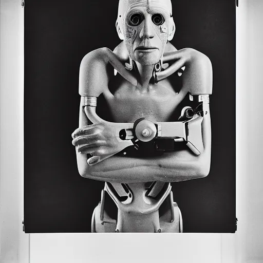 Prompt: photo of cyborg picasso standing at an easel by diane arbus, black and white, high contrast, rolleiflex, 5 5 mm f / 4 lens