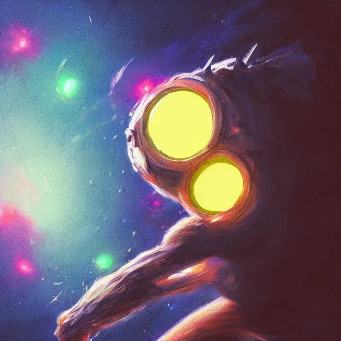 Image similar to cinematic portrait of a cute tennis ball monster in the abyss of space, chalk, masterpiece, trending on artstation, featured on pixiv, cinematic composition, dramatic pose, beautiful lighting, sharp details, hyper-detailed, HD, HDR, 4K, 8K, art by Basil Gogos