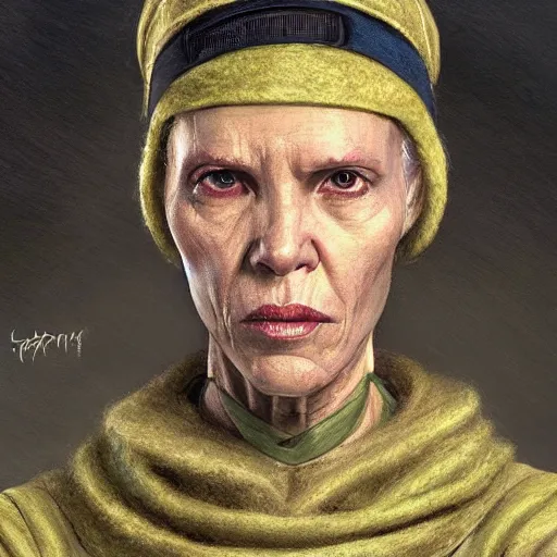 Image similar to portrait of a woman by greg rutkowski, female twi'lek, green skin, wool cap, star wars expanded universe, she is about 6 0 years old, wearing uniform of the galactic alliance navy, highly detailed portrait, digital painting, artstation, concept art, smooth, sharp foccus ilustration, artstation hq