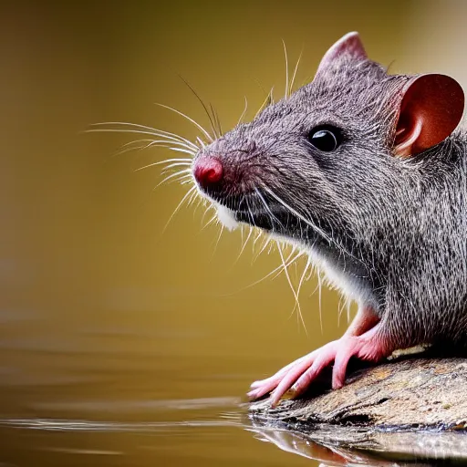 Image similar to close up photo of an australian swamp rat, drinking water from a lake in tasmania, bokeh, 4 0 0 mm lens, 4 k award winning nature photography