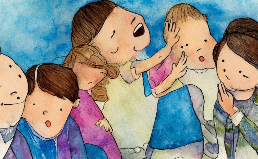 Image similar to children book illustration, A voice that flutters like a soft blanket around the four of them, water color