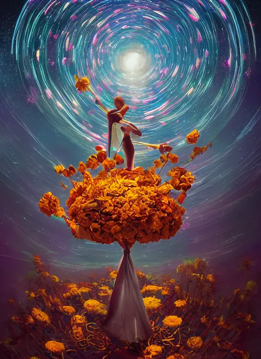 Image similar to An epic fantastic realism comic book style painting of the most beautiful entwined flowers launched across the dark and starry night sky, nebulous bouquets, fisheye lens, unreal 5, DAZ, hyperrealistic, octane render, dynamic lighting