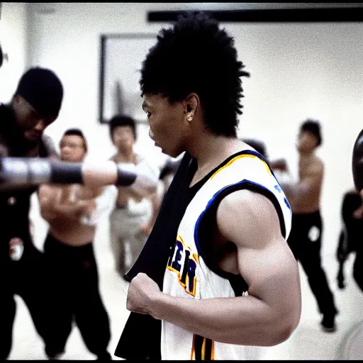 Image similar to Film still of Los Angeles Thunder Squad (1990). Hip-hop ninja confrontation scene. Sigma 85mm f/1.4