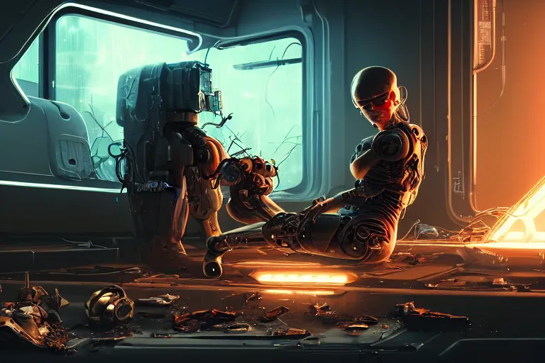 Image similar to Ultra realistic illustration, beautiful alluring damaged cyborg sitting on the floor of a destroyed spaceship, smoking a cigarette while being put back together in an super advanced military medical bay, cyberpunk, sci-fi, fantasy, sparks, small flames, smoke, intricate, elegant, highly detailed, digital painting, artstation, concept art, smooth, sharp focus, illustration, gorgeous cinematic lighting, art by artgerm and greg rutkowski and alphonse mucha