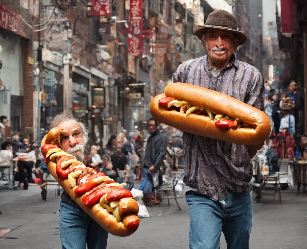 Image similar to closeup portrait of a man carrying a giant hotdog, smoky new york back street, by Annie Leibovitz and Steve McCurry, natural light, detailed face, CANON Eos C300, ƒ1.8, 35mm, 8K, medium-format print