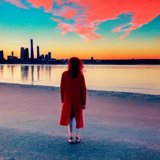 Image similar to lonely young woman with red hair magenta coat and light blue pants wandering a beach at sunset, stylized oil painting, warm lighting, city skyline in background, swimming pool in foreground