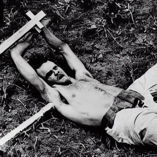 Prompt: Jordan Peterson laying in an open grave with a cross made of broken wood. He’s laughing. Photograph from horror movie 1980s.