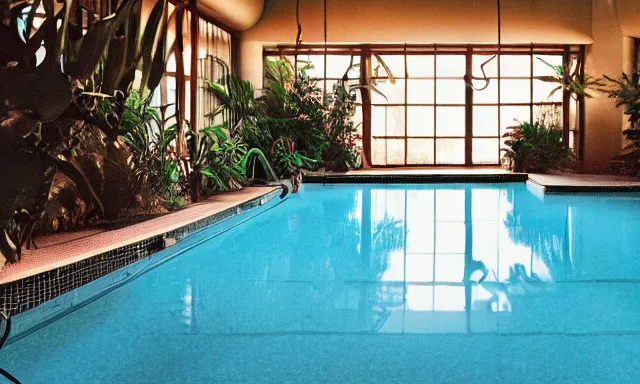 Prompt: indoor pool with ferns and palm trees, pool tubes, chromatic abberation, dramatic lighting, depth of field, 80s photo