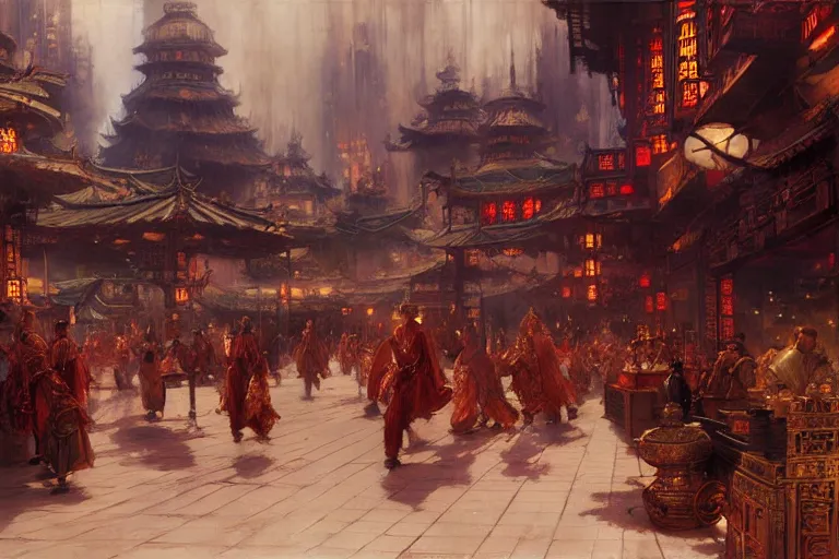 Image similar to wuxia, steampunk city, painting by gaston bussiere, craig mullins, j. c. leyendecker