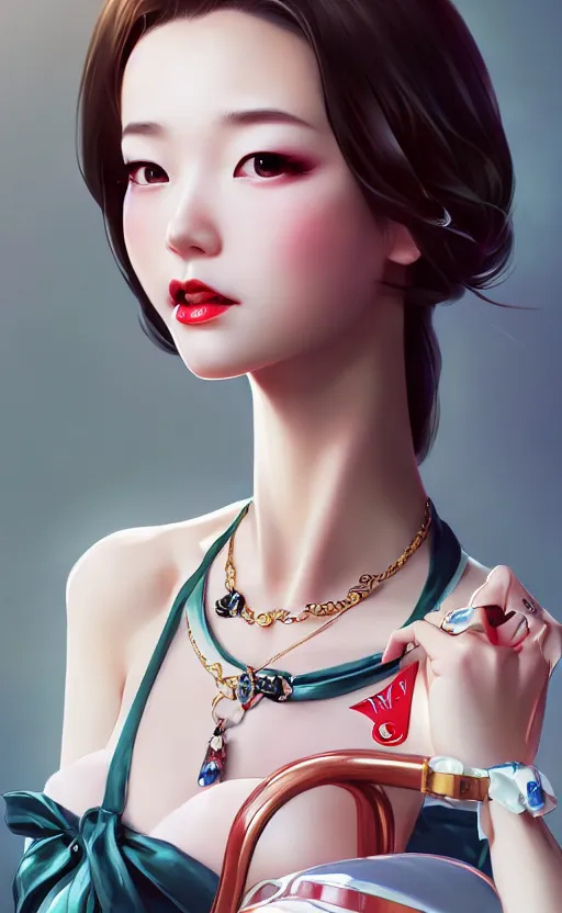 Image similar to a pin up and beautiful fashion charming dreamlke japanese girl with lv jewelry, character art, art by artgerm lau and wlop and and ilya kuvshinov and john singer sargent, hyperdetailed, 8 k realistic, symmetrical, frostbite 3 engine, cryengine, dof, trending on artstation, digital art