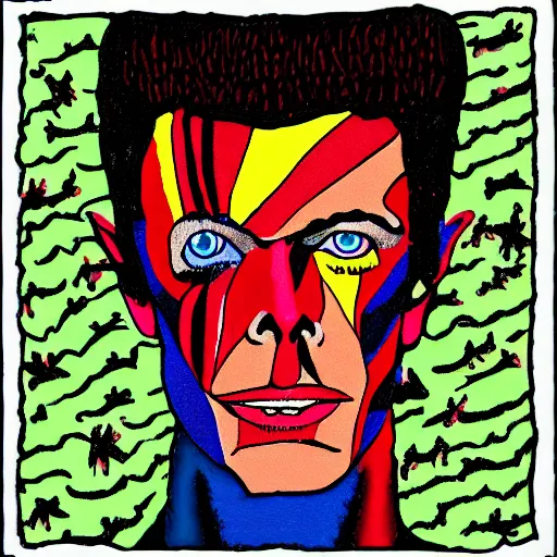 Image similar to david bowie in the style of daniel johnston and outsider art, acid, 4k