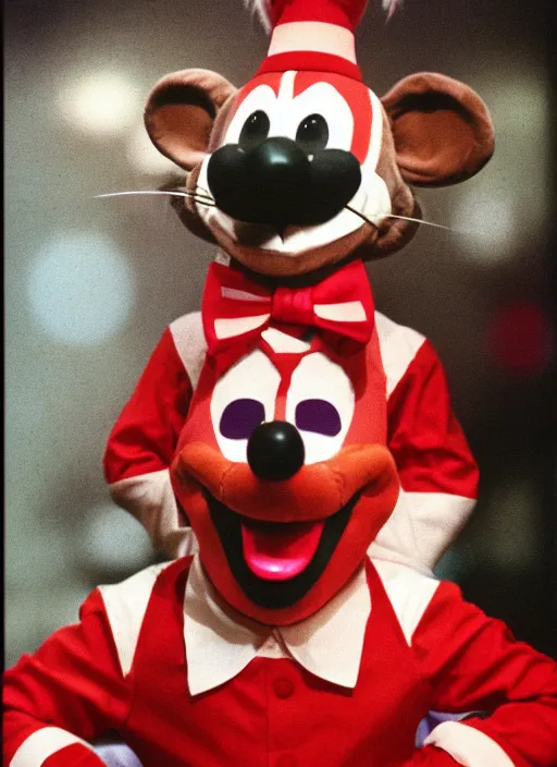 Image similar to Chuck E. Cheese mascot grainy 1980’s circus portrait of an anthropomorphic rat animatronic dressed like a clown, professional portrait HD, mouse, Chuck E. Cheese head, authentic, mouse, costume weird creepy, off putting, nightmare fuel, Chuck E. Cheese