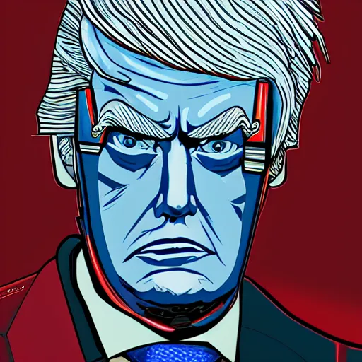 Prompt: cyberpunk robotic donald trump, sharp lines, digital, artstation, colored in