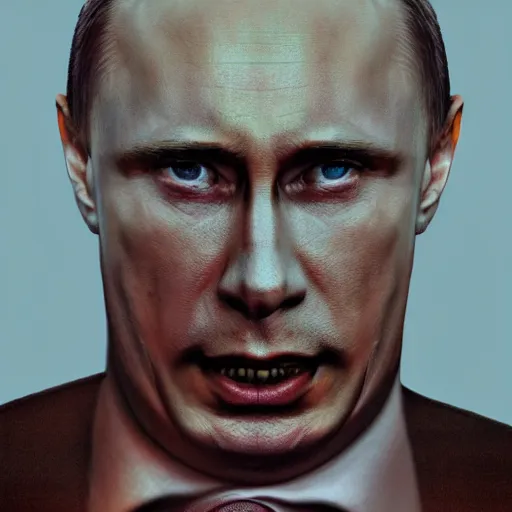 Image similar to degraded retard vlad putin photo - realistic, color image, hyper realistic, 2 k, highly detailed, occult art, by giger, fractal structure