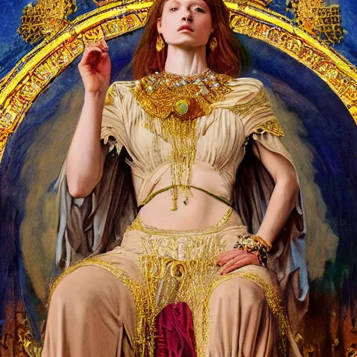 Image similar to Realistic painting of beautiful priestess woman in detailed costume, sitting on a throne in a throne roome in a palace dramatic lighting, high-detailed oil painting by Ilya Repin, William Blake, Michelangelo da Caravaggio, Alex Grey and Beksinski, masterpiece, 4k