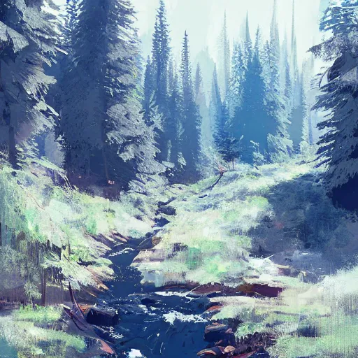 Prompt: mountain valley dotted with pine trees with a stream flowing through it, by ismail inceoglu, detailed digital painting, concept art, brushstrokes, elegant, calming, serene, 8 k