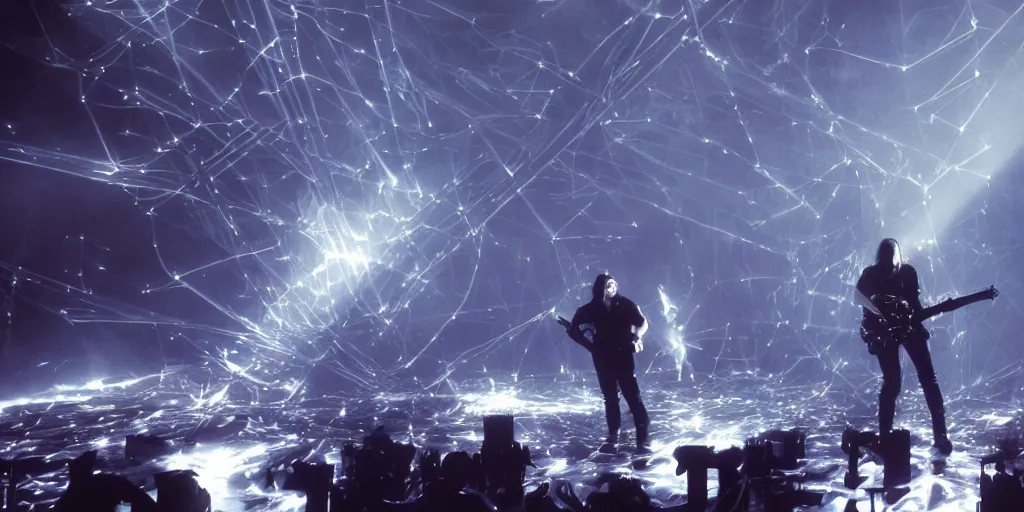 Image similar to dusty Trent Reznor smashing guitars, group of people on stage playing instruments, elaborate stage effects, dust, smoke, giant LED screens, colored projections, ultrafine detail, goth cybersuit, glowing thin wires, smoke, high contrast, projections, a screenshot by David Gilmour Blythe, holography, tesseract, volumetric lighting, anamorphic lens flare