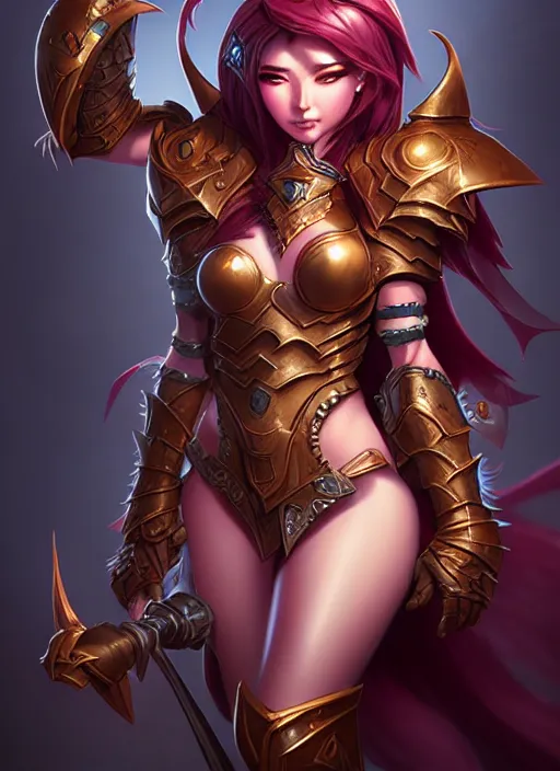 Image similar to sakimi chan, fantasy armor, detailed face, dynamic lighting, tony sart