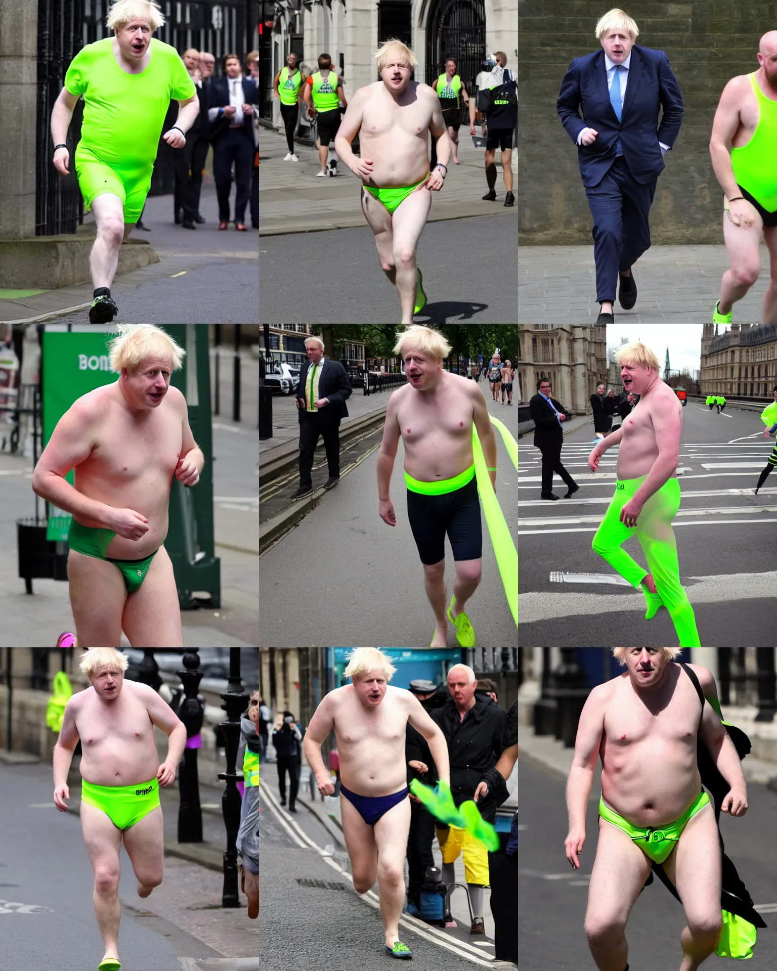 Prompt: boris johnson wearing a neon green speedo running down the streets of london