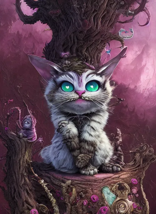 Image similar to cheshire cat, nice, friendly, highly detailed, cinematic, 8 k, by megan duncanson, benjamin lacombe, stanley artgermm, tom bagshaw, craig mullins, carne griffiths, ayami kojima, beksinski, giger, trending on deviantart, hyper detailed, horror, full of colour