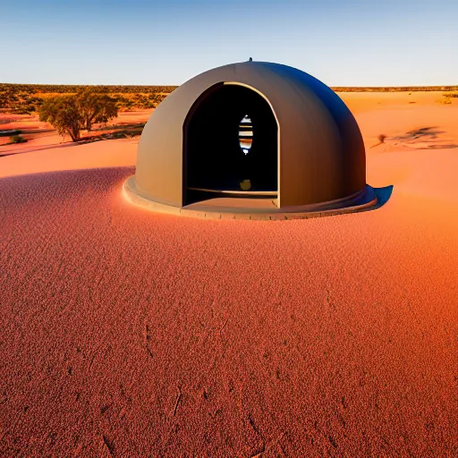 Prompt: robot with giant extrusion nozzle printing a domed house in the australian desert, XF IQ4, 150MP, 50mm, F1.4, ISO 200, 1/160s, dawn