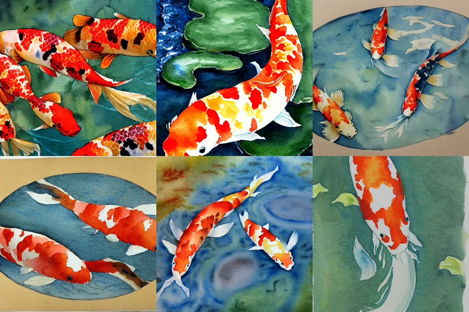Prompt: a watercolor painting of two koi fish swimming