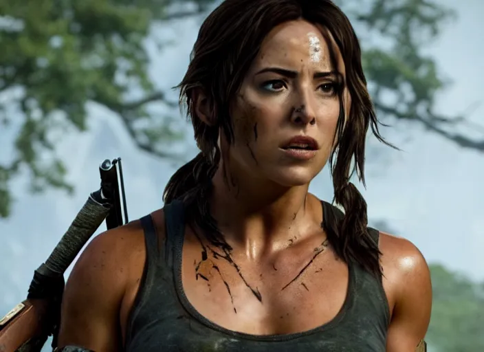 Image similar to film still of!!!! chloe bennett!!! as lara croft in new tomb raider movie, 8 k