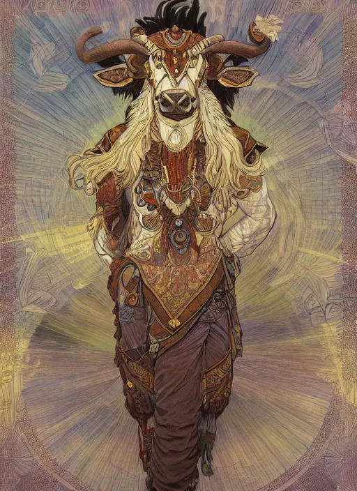 Image similar to a tauren of tranquility, hyper detailed, character concept, full body, dynamic pose, intricate, lineart, cerpuscular rays, by yoshitake amano, alfons mucha, 8 k, unreal