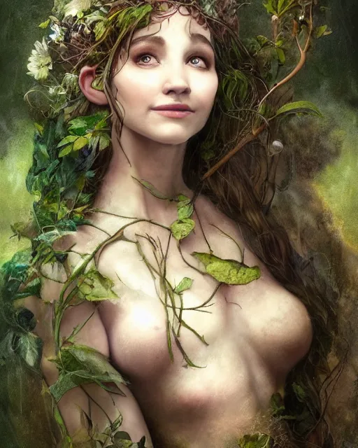 Prompt: dryad musician with a mysterious smile, inspired by brian froud, portrait, accompanied by a cute feathered mouse, studio lighting by jessica rossier and brian froud and gaston bussiere