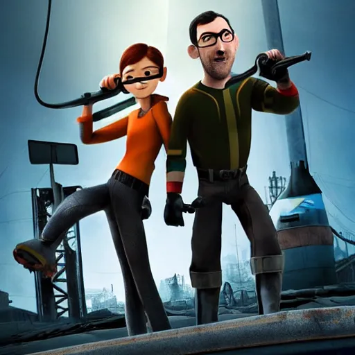 Prompt: pixar half - life 2 movie featuring gordon freeman and alyx vance