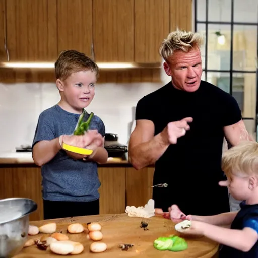 Prompt: Gordon Ramsay eating beans while children point and laugh at him, bullying, cruel kids, television still