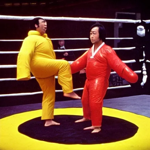 Image similar to 1 9 7 0's kung fu movie, a man in a rubber latex hot dog costume fighting a man wearing a rubber latex hamburger costume inside a futuristic ufc octagon cage arena