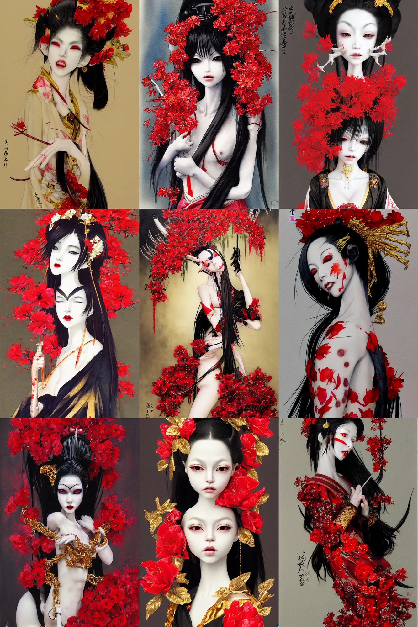 Prompt: watercolor painting of a japanese bjd geisha vampire with a long neck by hajime sorayama, irakli nadar, amy sol, in an epic dark - fantasy, yoji shinkawa, red, gold flowers, black, surrealism, artgerm