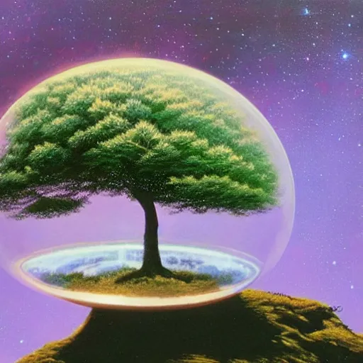 Image similar to a tree growing from a round crystal formation floating in space, by vincent di fate