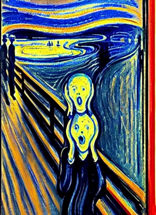 Image similar to oil painting of The Scream !!taking a seflie!! with an iPhone!! by Edvard Munch