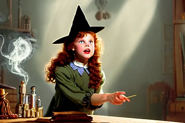 Prompt: close up portrait, dramatic lighting, teen witch calmly pointing a magic wand casting a spell over a large open book on a table with, short hair, cat on the table in front of her, sage smoke, a witch hat cloak, apothecary shelves in the background, still from the wizard of oz and peter pan