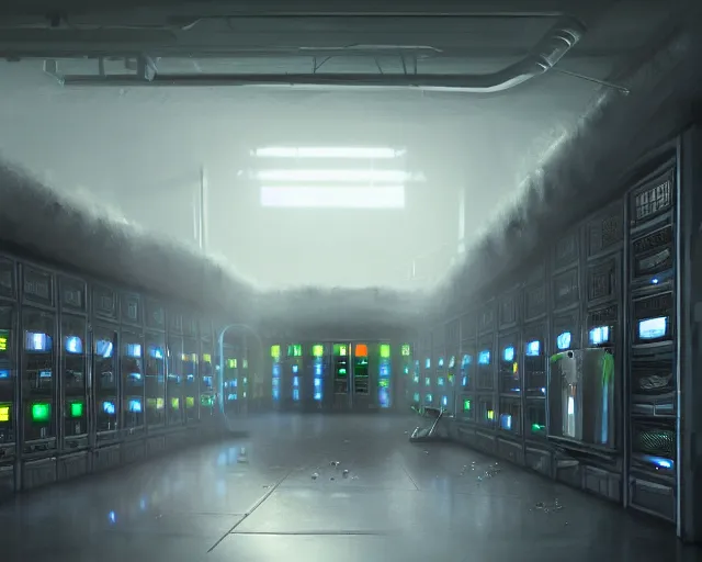 Image similar to gloomy ruined server room in datacenter painting concept art of robomonkey colossus, sharp focus, emitting diodes, smoke, artillery, pacing, computers, racks, motherboard, by pascal blanche rutkowski artstation detailed matte painting, 4 k resolution