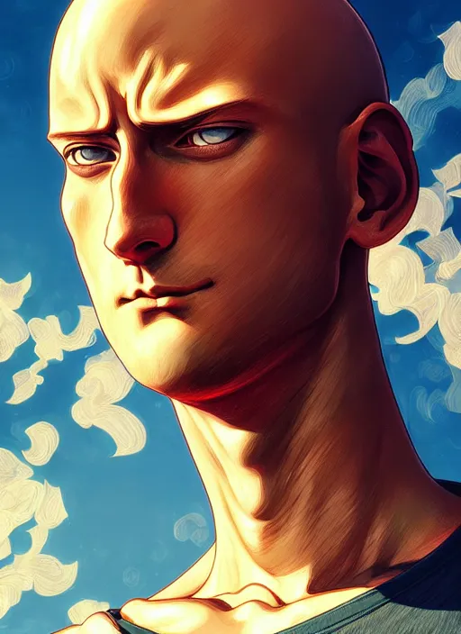 Image similar to handsome saitama, half body shot, path traced, punch, highly detailed, high quality, digital painting, alena aenami, lilia alvarado, shinji aramaki, karol bak, alphonse mucha, tom bagshaw