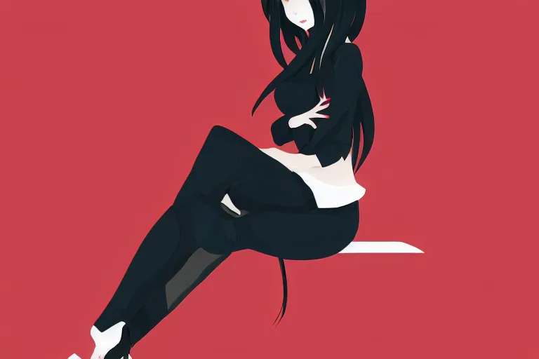 Image similar to a girl sitting vertically, wearing a black outfit with red trim, white background, soft shadow, vector shaded anime, detailed colors, digital art, 4 k