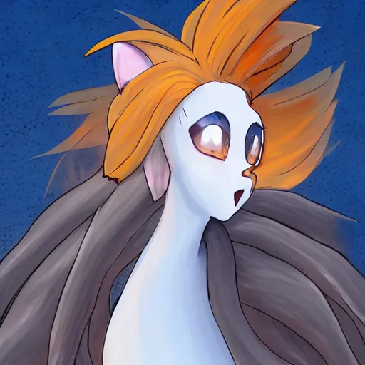 Prompt: closeup portrait of a female anthropomorphic Ninetails Pokémon standing in the city streets at sunset, digital art