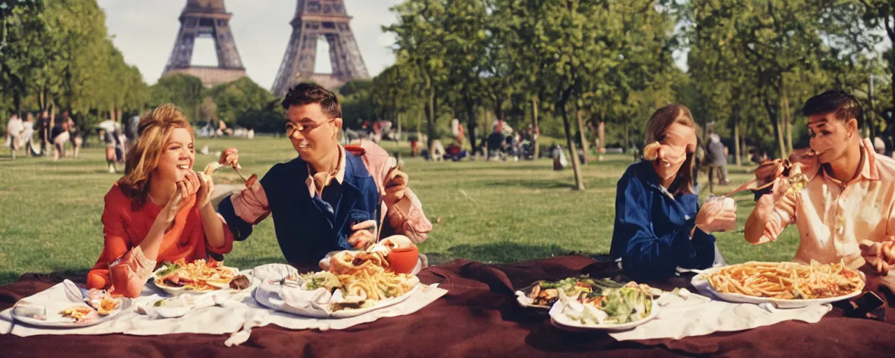 Image similar to young couple enjoying a spaghetti picnic in front of the eiffel tower, high detail, canon 5 0 mm, cinematic lighting, photography, retro, film, kodachrome